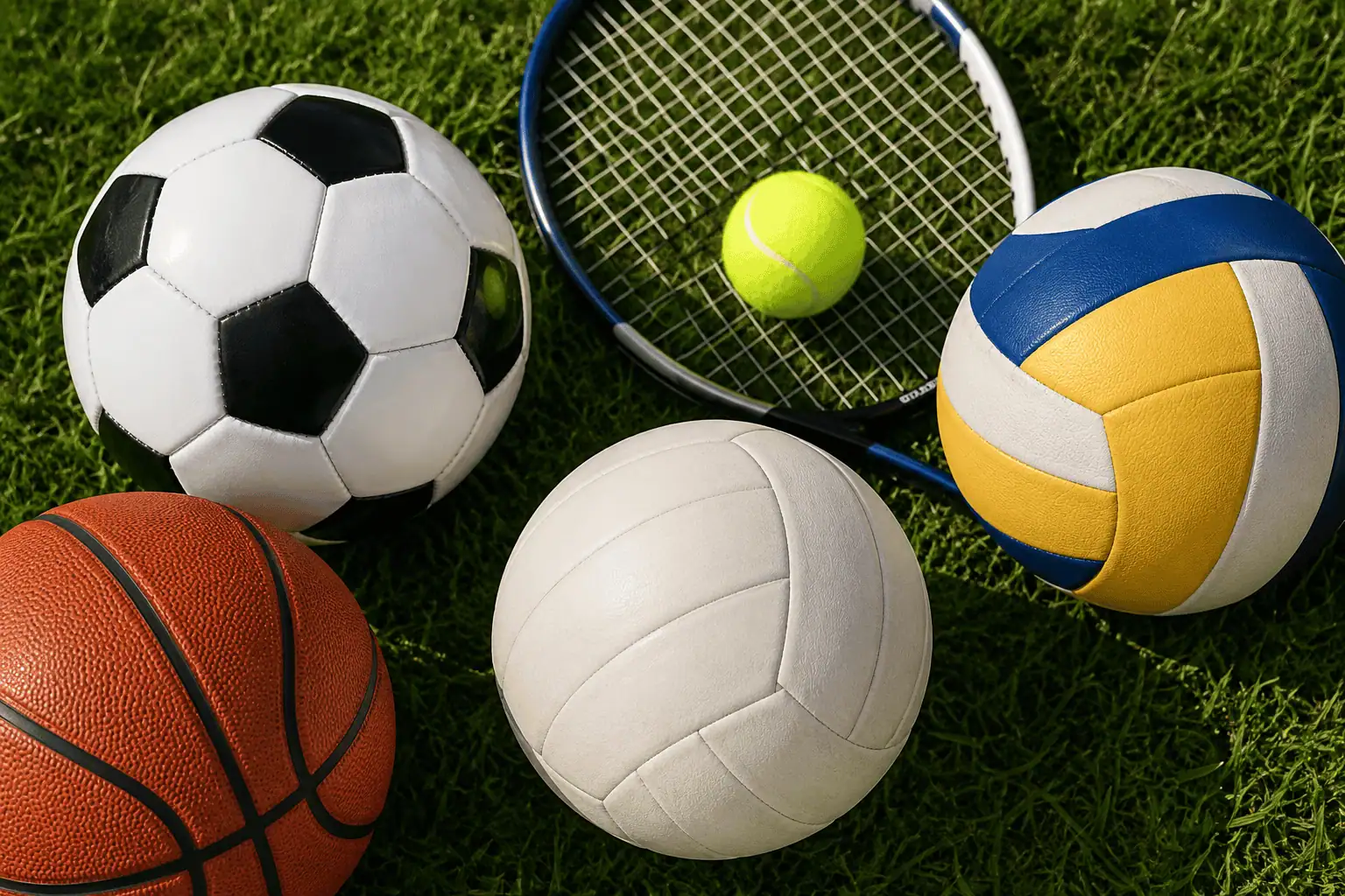 Soccer ball, basketball, volleyball, and tennis racket with ball on grass representing multi-sport training for kids